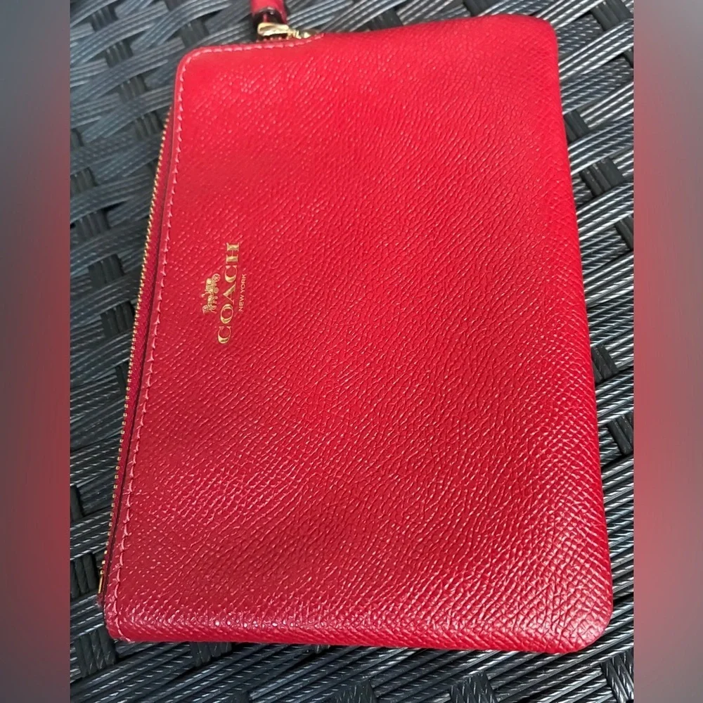 Coach Red Pebbled Leather Wristlet with Gold Logo